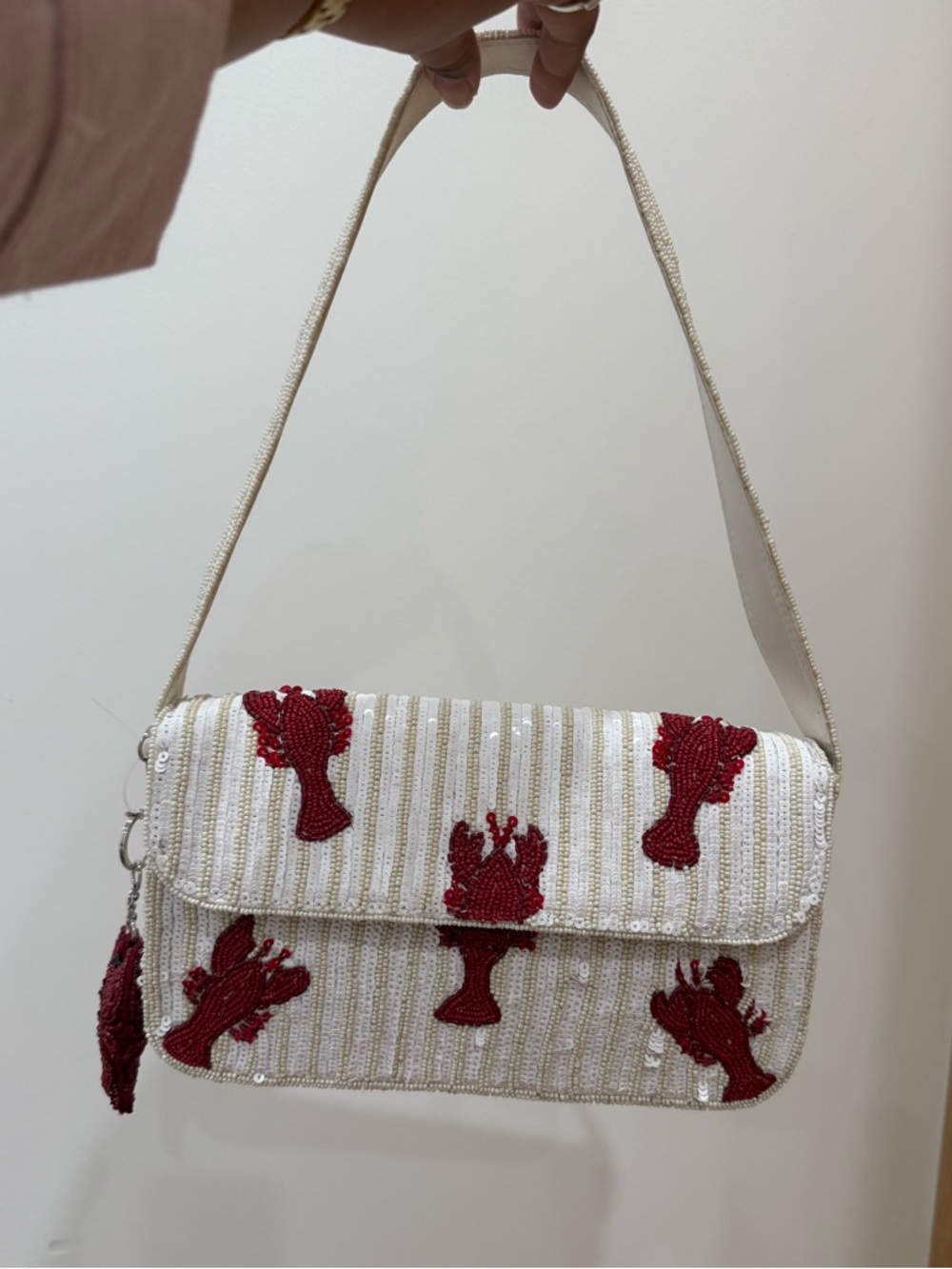 Beaded Cream Shoulder Bag with Red Lobster Motif